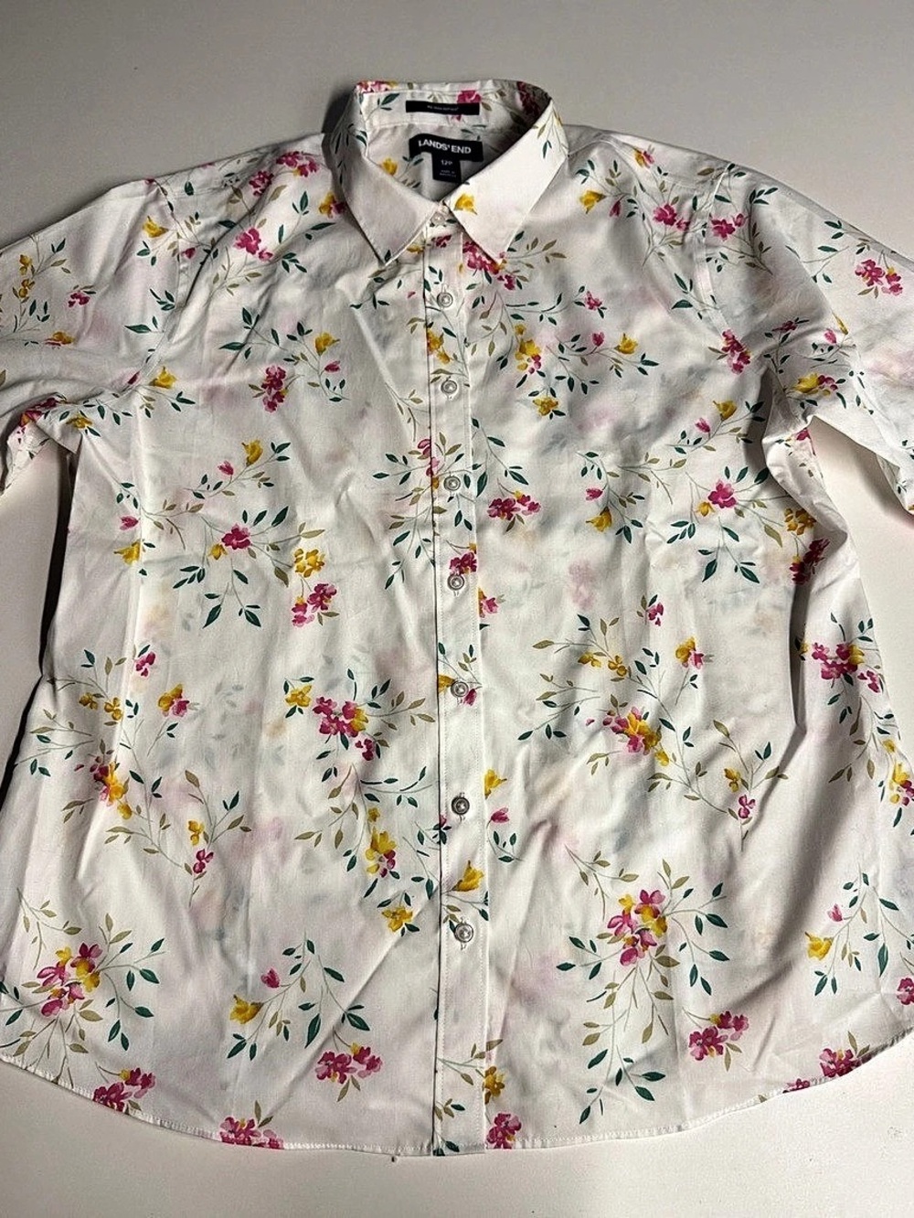 Lands' End Floral Button Down Shirt White & Pink Petite 12P